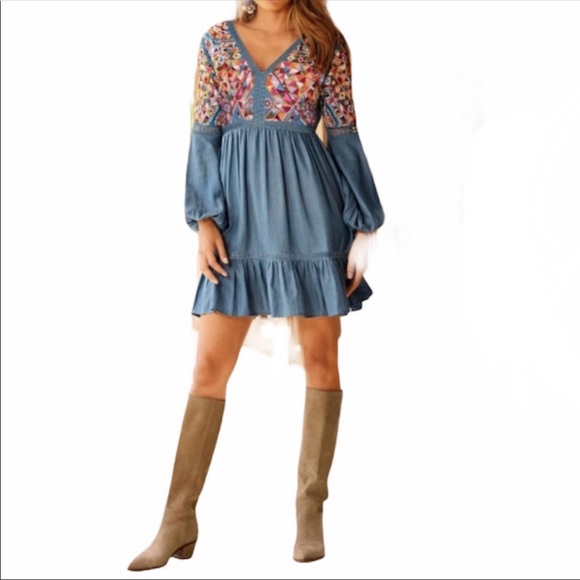 Boston Proper Gorgeous Beaded Chambray Dress 0 - Picture 4 of 16